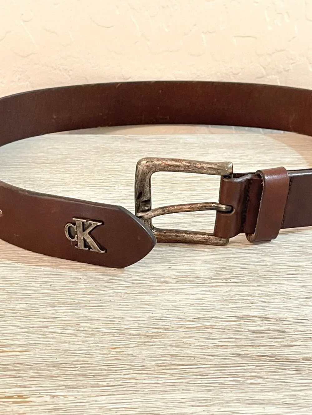 Calvin Klein Leather Belt Brown Italian Leather Silver Logo Small